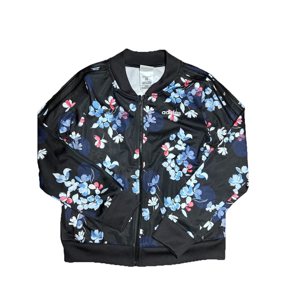Adidas Girl's Size L 14 Black Floral Zip Tricot Jacket Blue Flower Print Classic